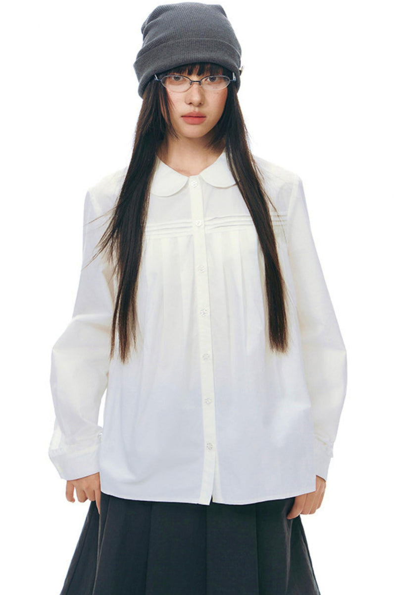 Doll Collar Pleated Cotton Blouse