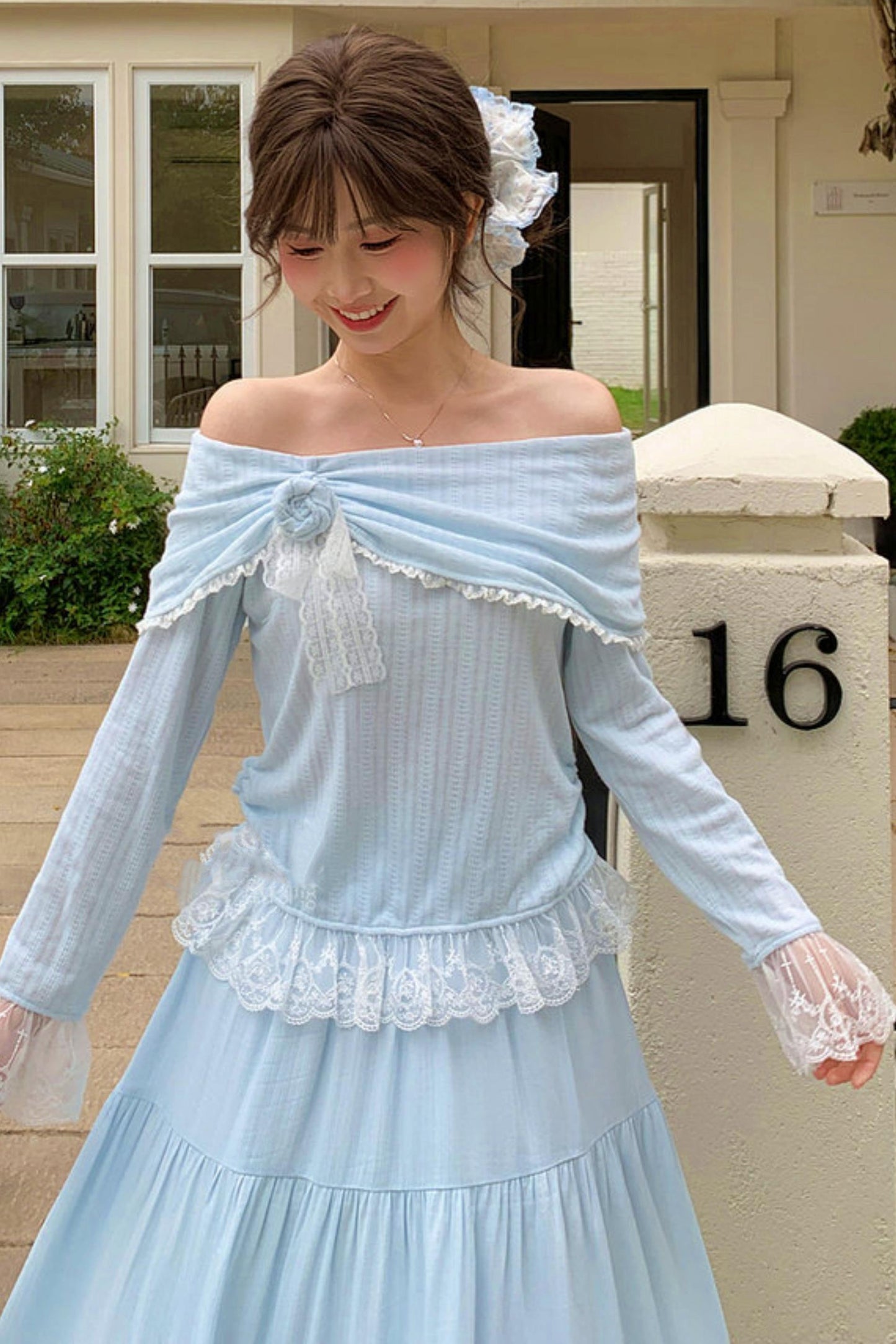 Lace Patchwork Off-shoulder Top + Long Skirt