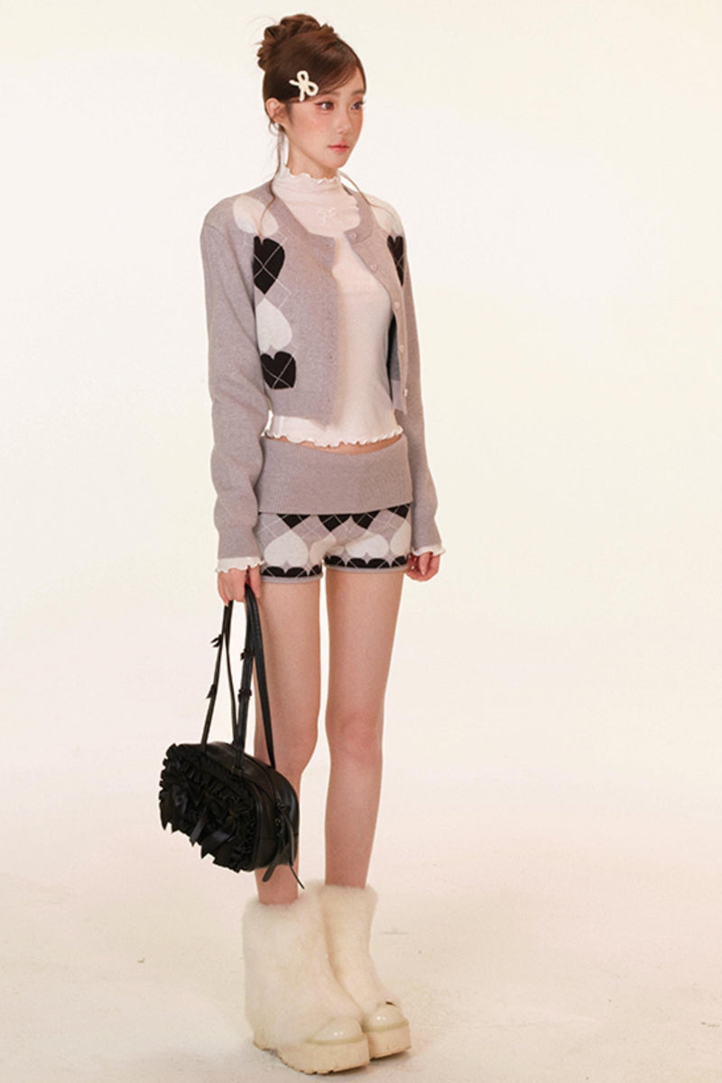 Heart Pattern Cardigan + Top + Shorts