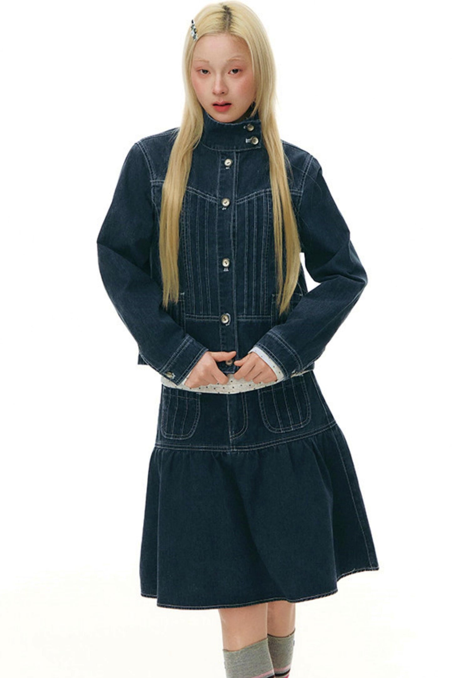 Pleated Denim Jacket + Skirt