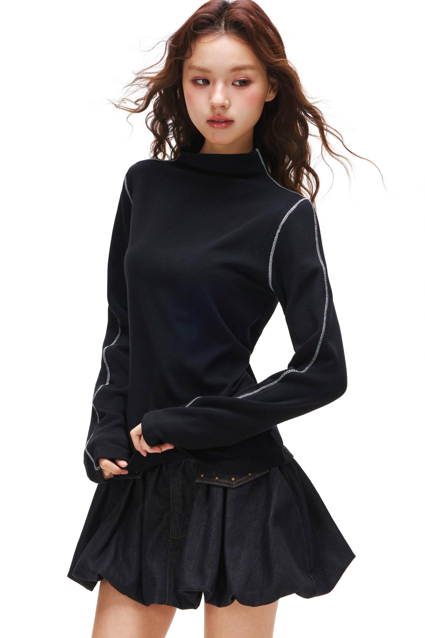 A-line Arm Turtleneck Tops