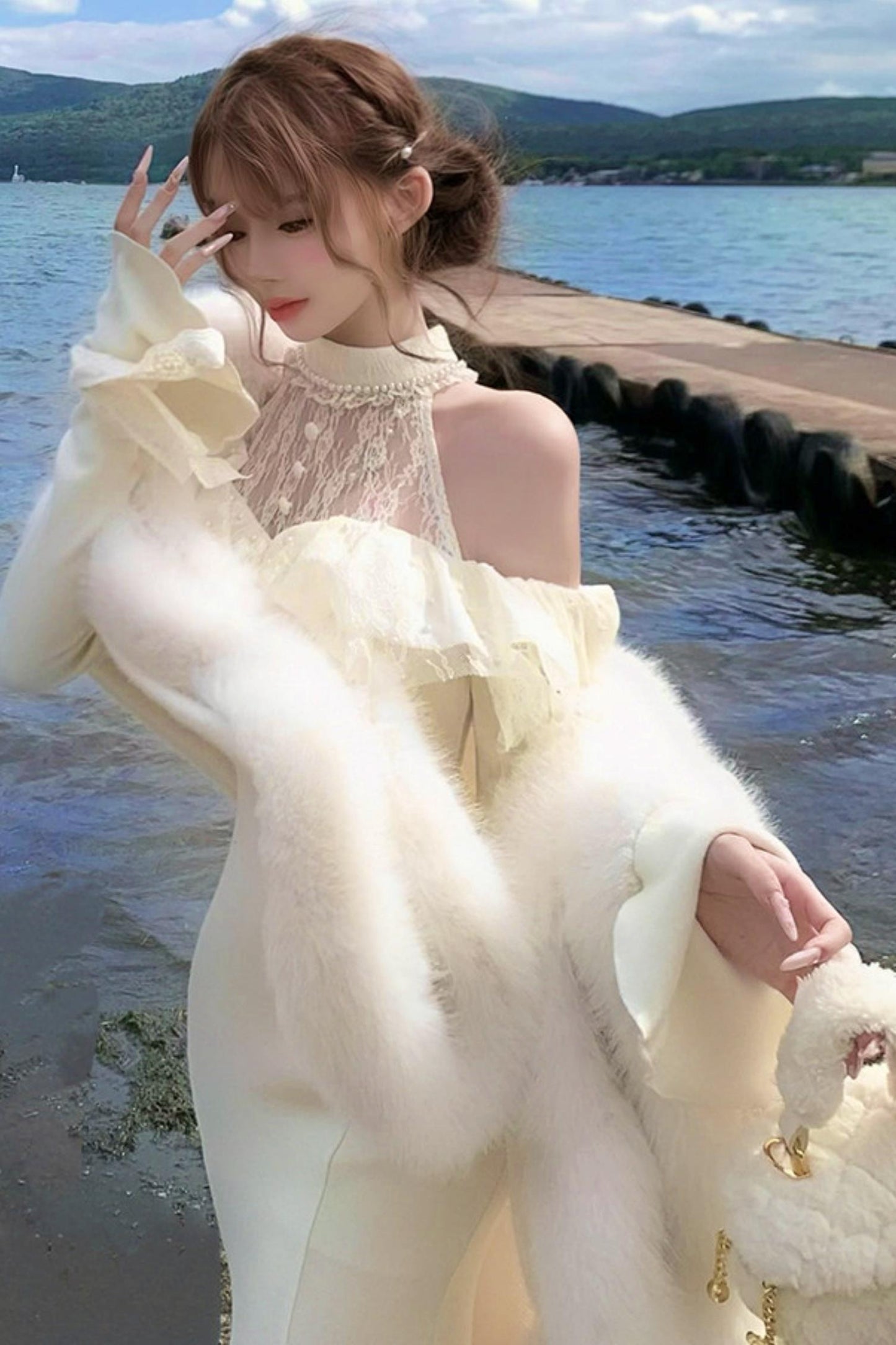 French Lace Waist Slimming Dress + Soft White Longline Cloak
