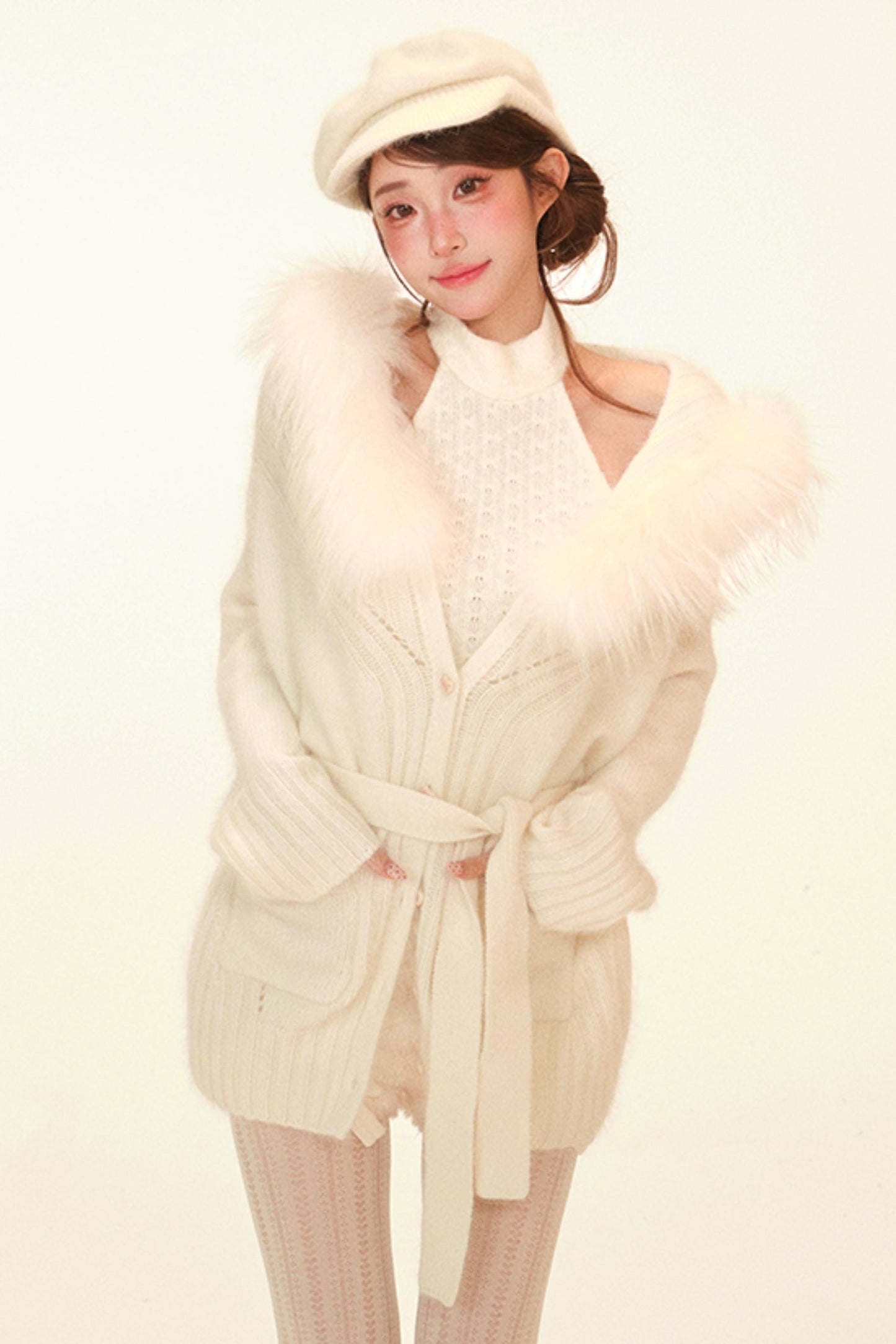 Halter Neck Fuzzy Knit Coat + Top + Pants