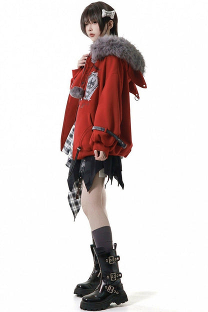Red Fleece Jacket + Top + Skirt + Accessories