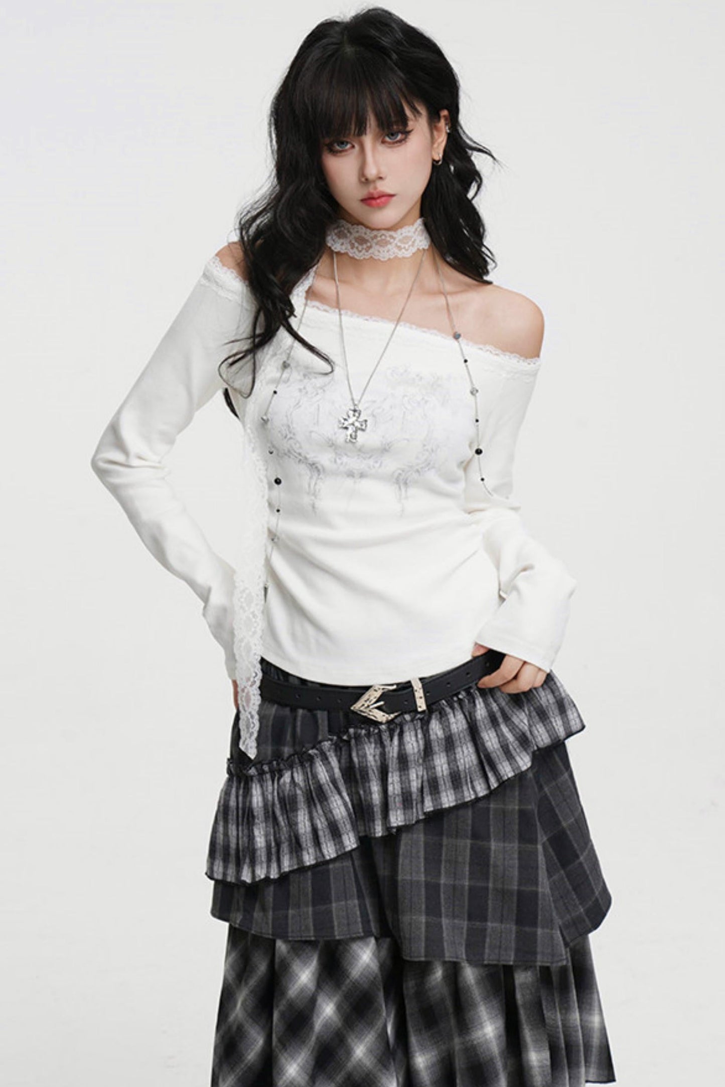 Dark Lace Off-shoulder Top (with Lace Long Scarf)