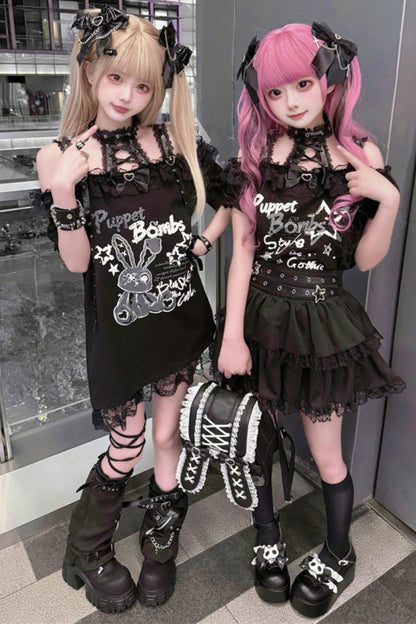 Lace-up Dark Kawaii T-shirt + Skirt + Bag + Hair Accessories