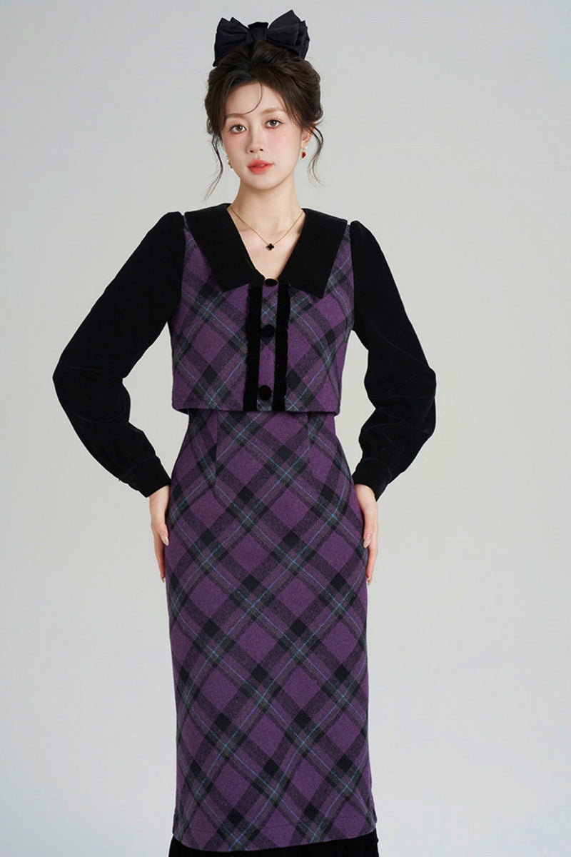 Velvet Patchwork Plaid Dress
