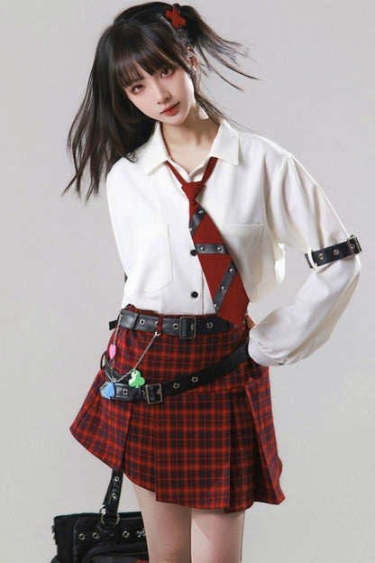 Diagonal Plaid Pleated Skirt + Leg Warmers
