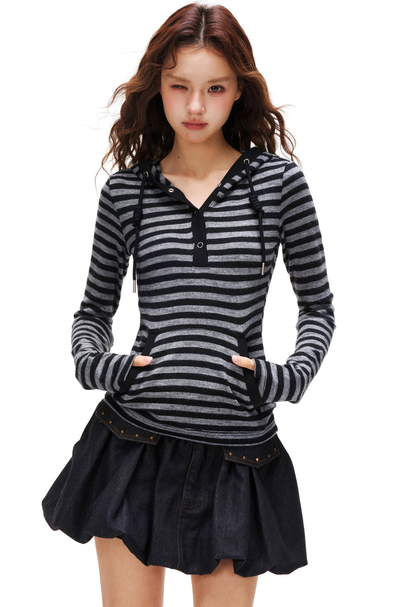 Striped Hooded Slim Top