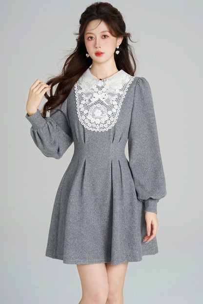 Lace Neck Design Waist Marked Dress