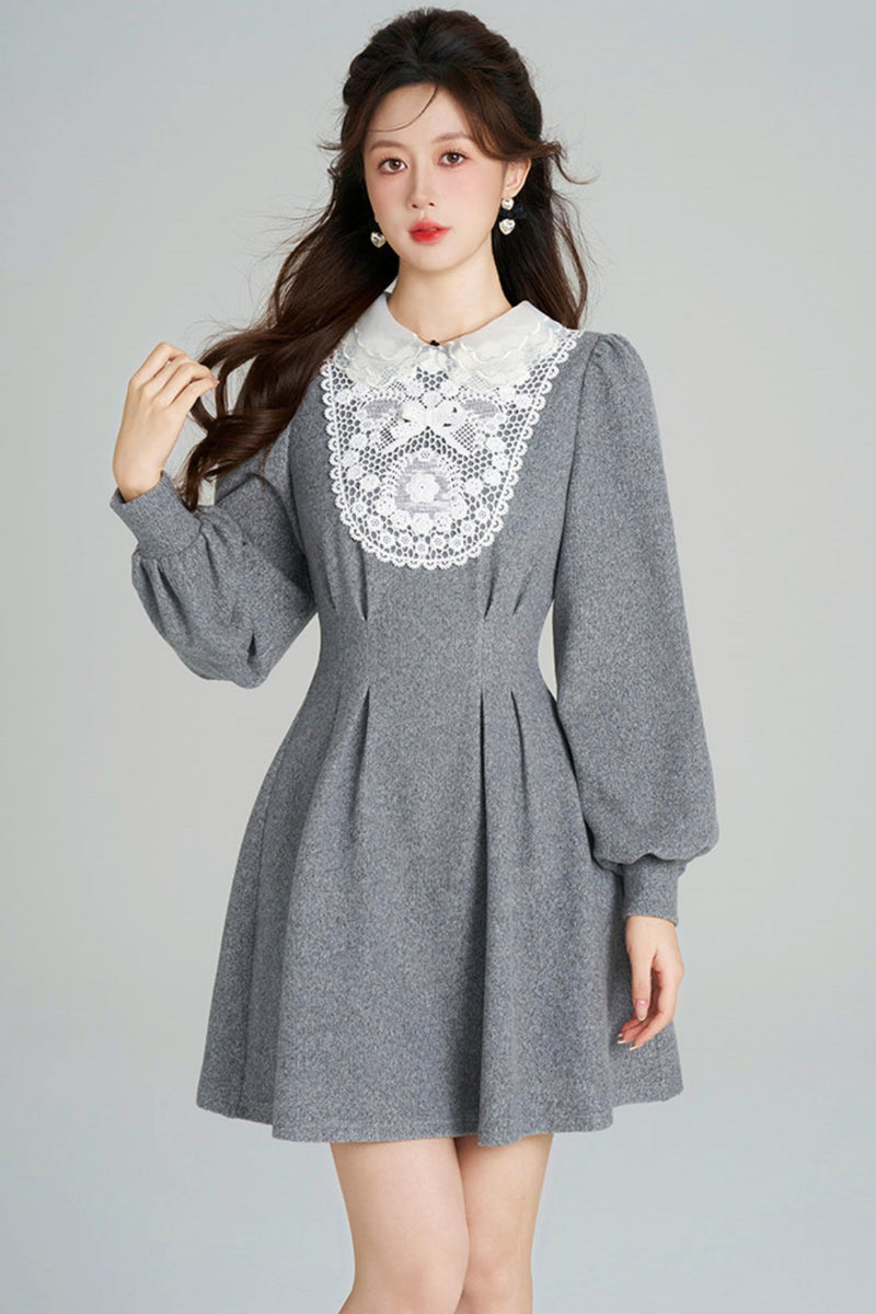 Lace Neck Design Waist Marked Dress