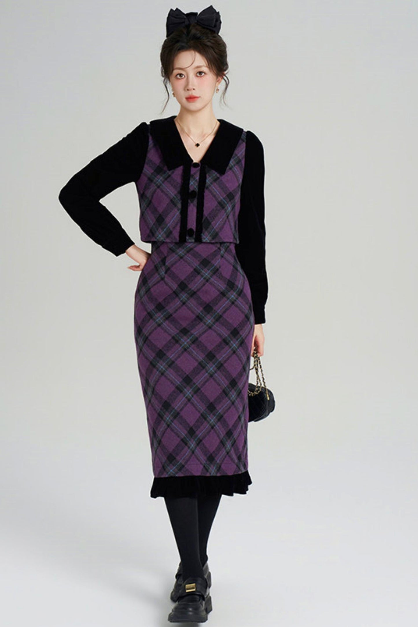 Velvet Patchwork Plaid Dress