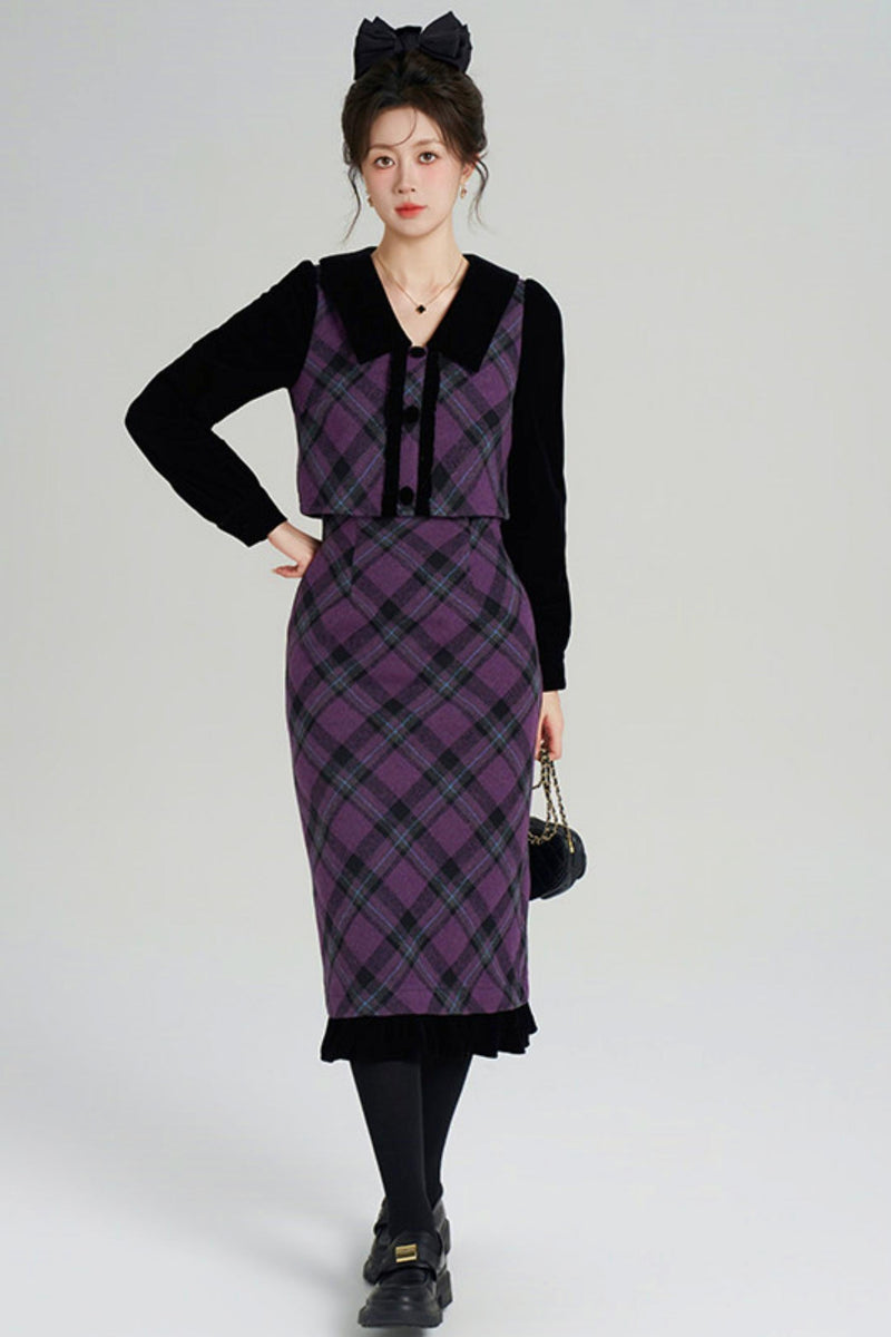 Velvet Patchwork Plaid Dress