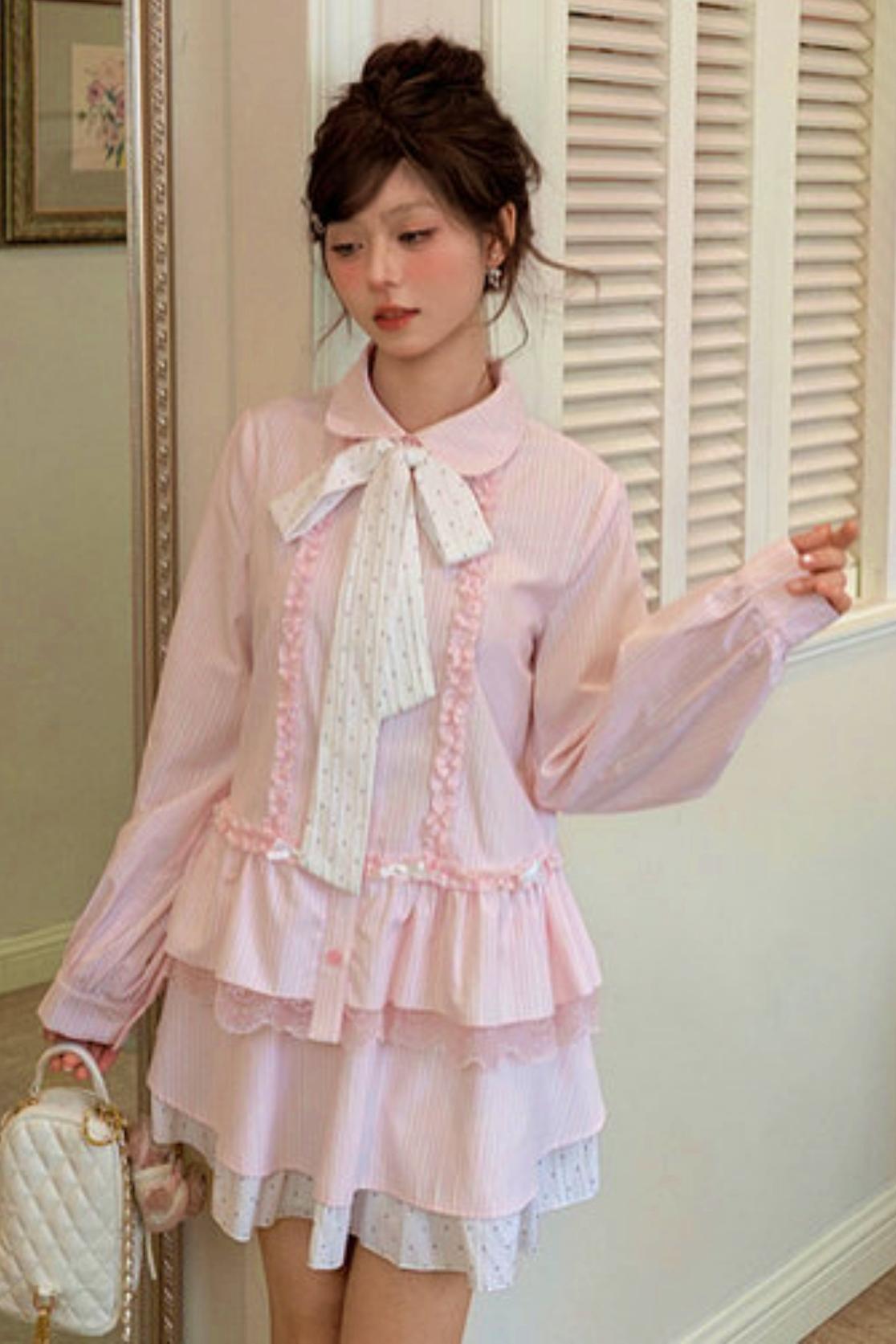 Lace Patchwork Doll Collar Blouse + Skirt