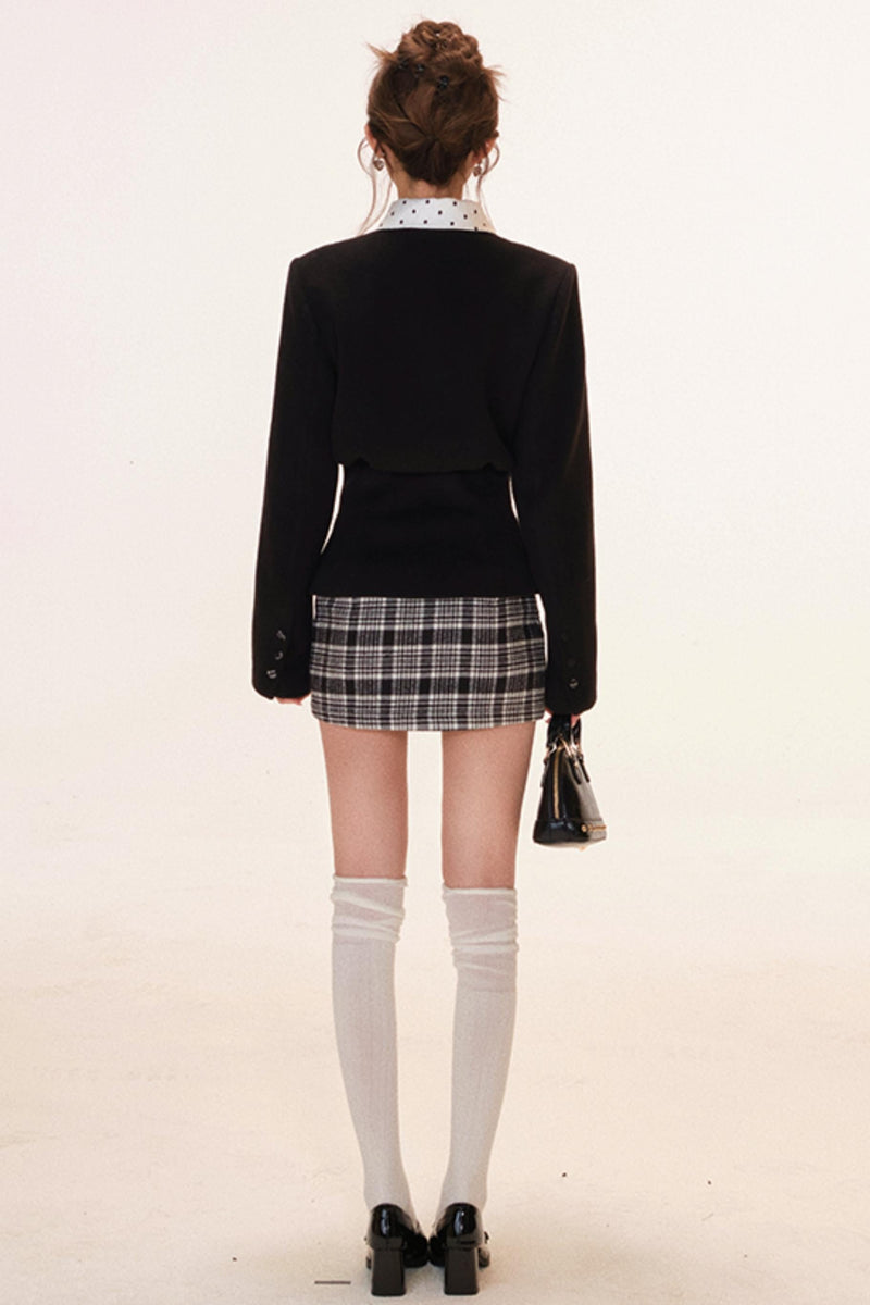 French Jacket + Inner Camisole Top + Plaid Skirt