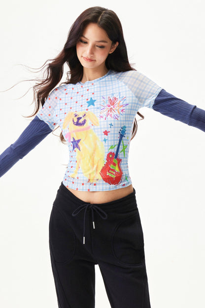 Graffiti Mesh Patchwork Top