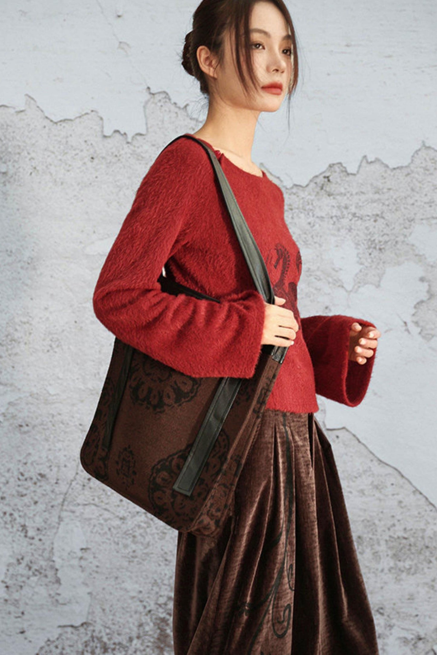 Brown Jacquard Leather Tote Bag