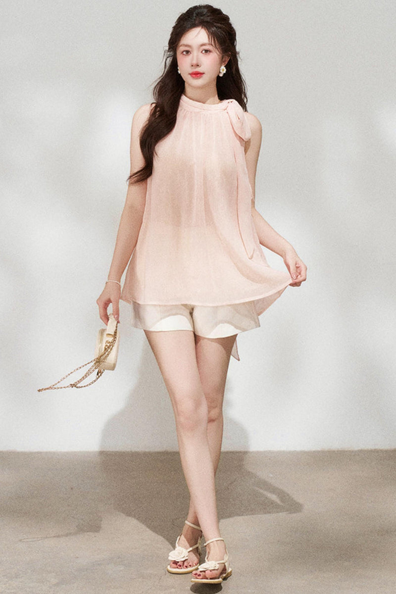 Pink Chiffon Halter Sleeveless Shirt