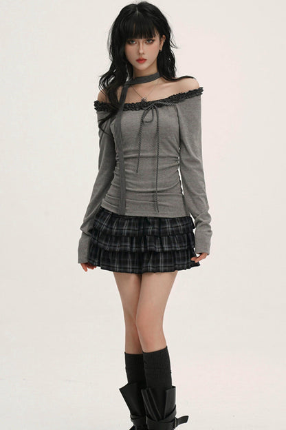 Off-shoulder Ruffle Ribbon Top (with Skinny Long Scarf)