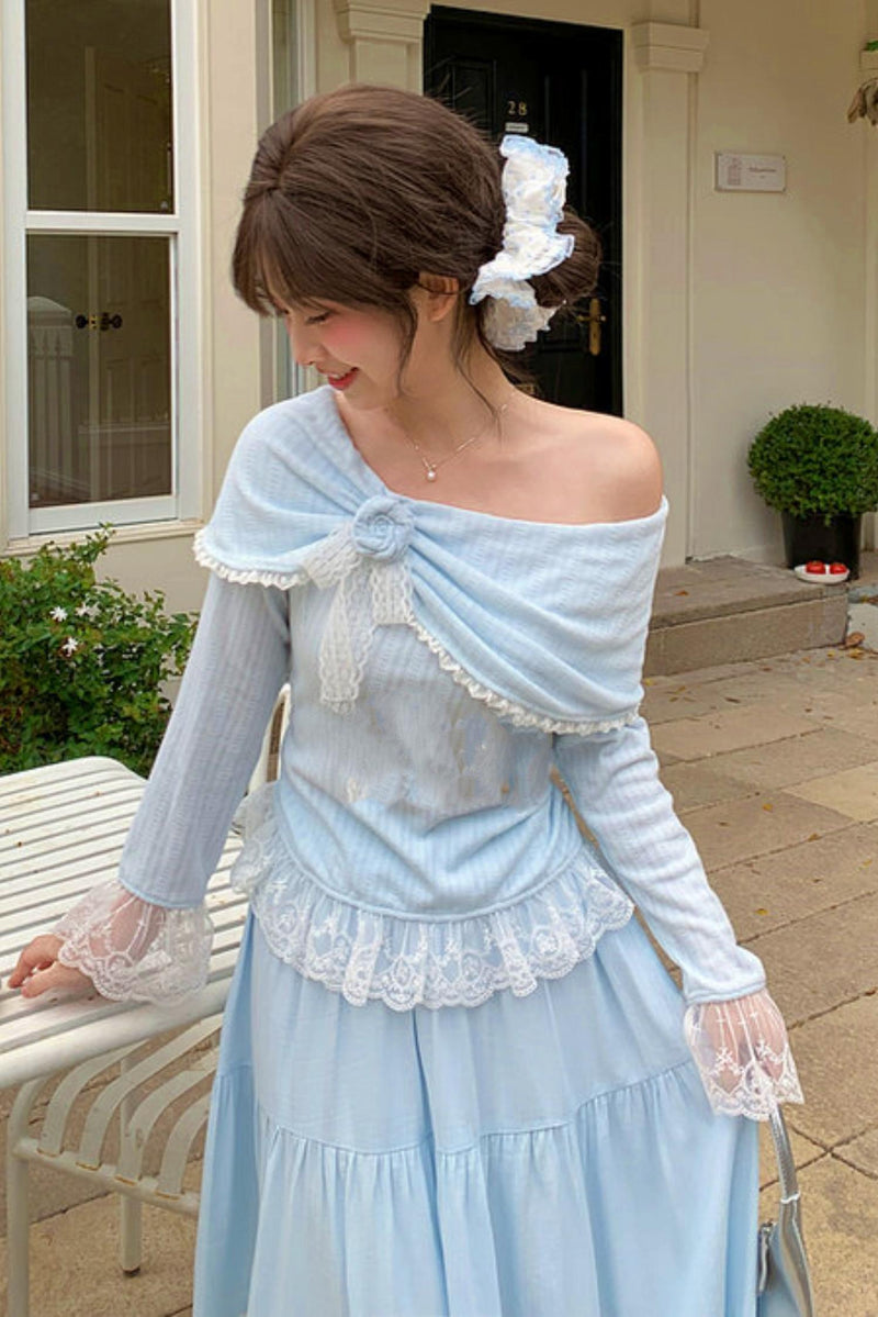 Lace Patchwork Off-shoulder Top + Long Skirt