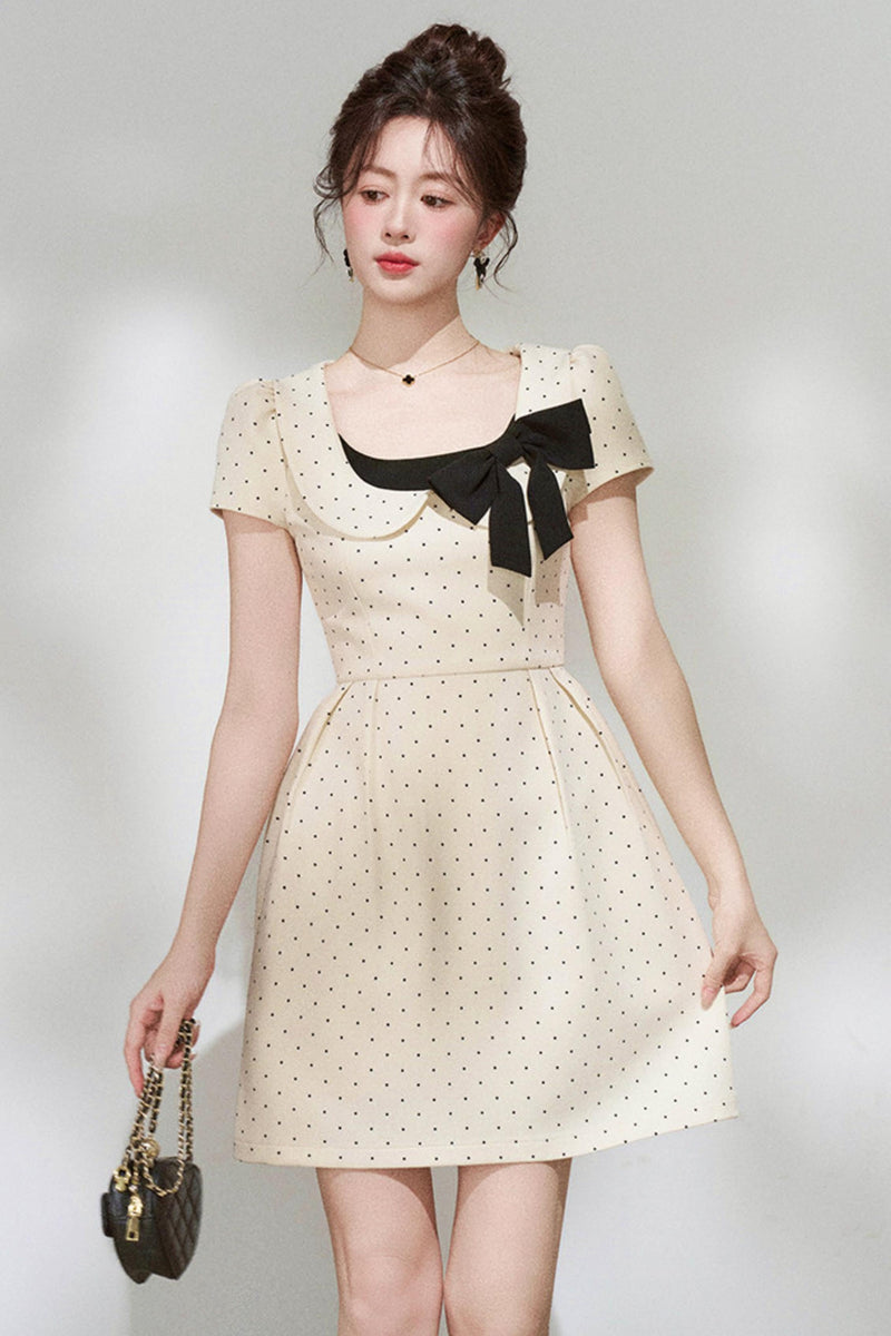 French Girly Ribbon Polka Dot Dress