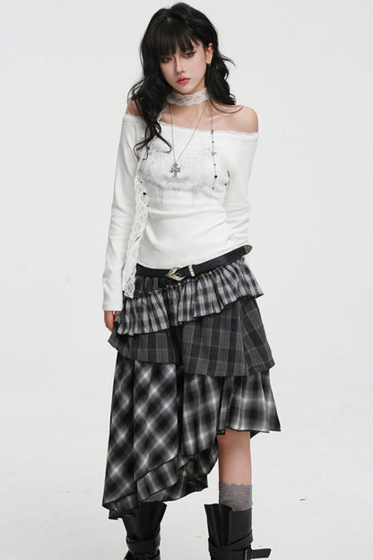 Dark Lace Off-shoulder Top (with Lace Long Scarf)
