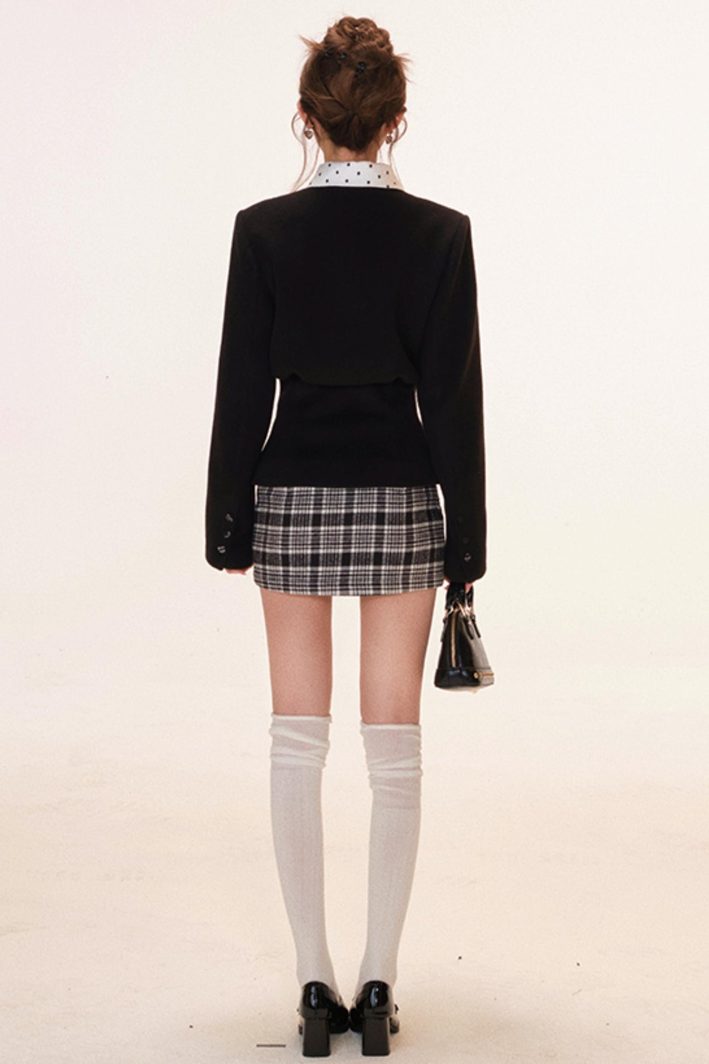 French Jacket + Inner Camisole Top + Plaid Skirt