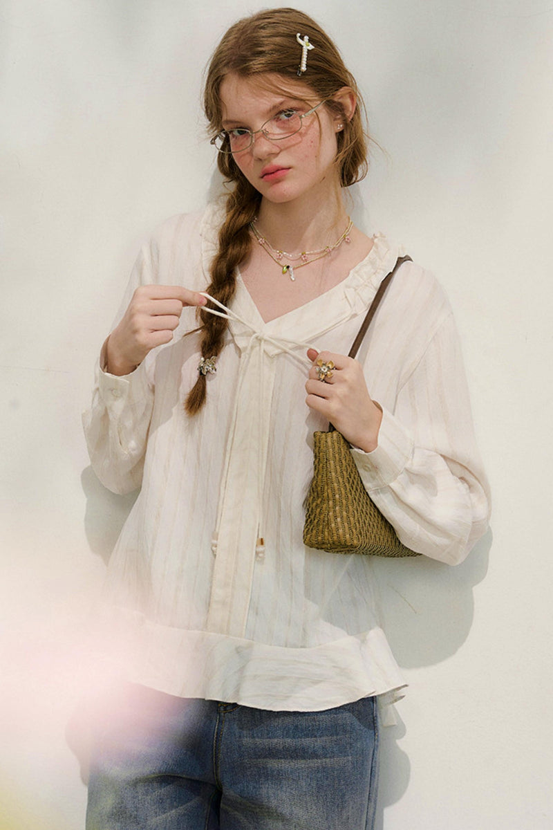 Striped Lace Sleeve Blouse