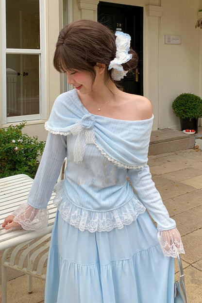 Lace Patchwork Off-shoulder Top + Long Skirt