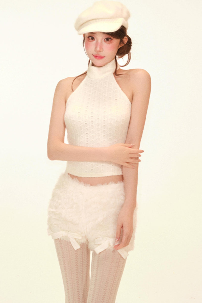 Halter Neck Fuzzy Knit Coat + Top + Pants