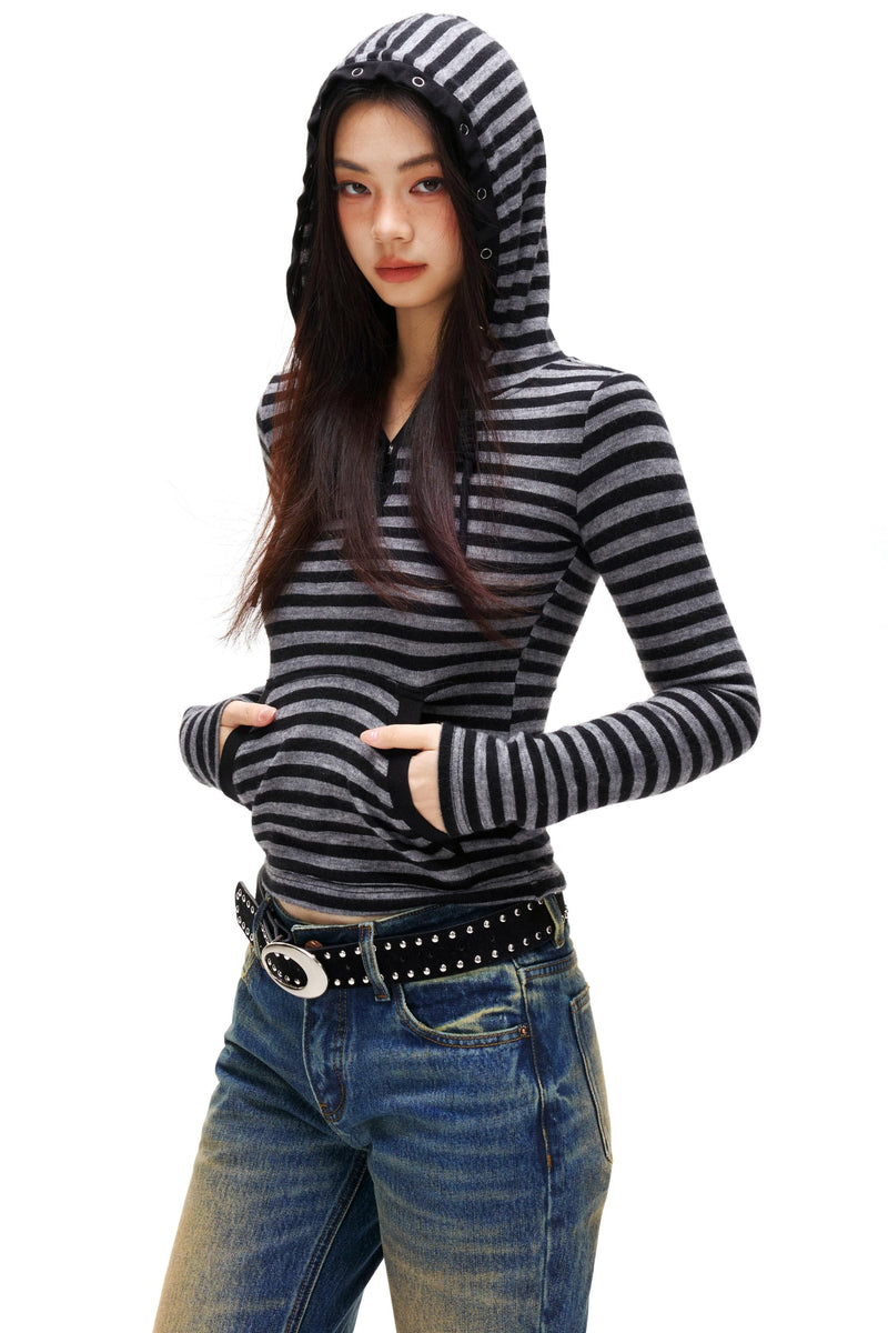 Striped Hooded Slim Top
