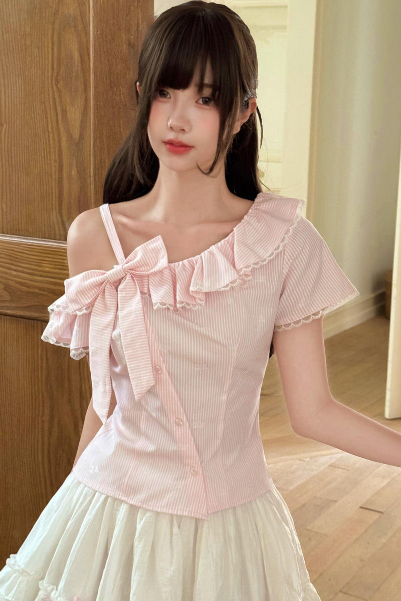Fluffy Sweet Off-shoulder Ribbon Blouse + Skirt