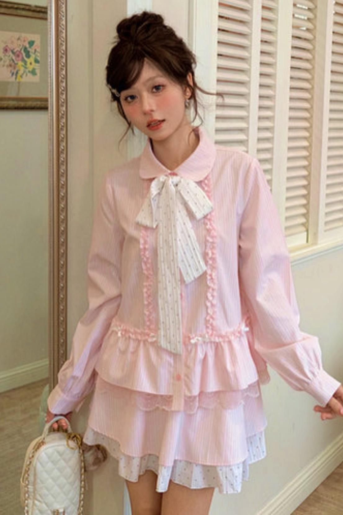 Lace Patchwork Doll Collar Blouse + Skirt