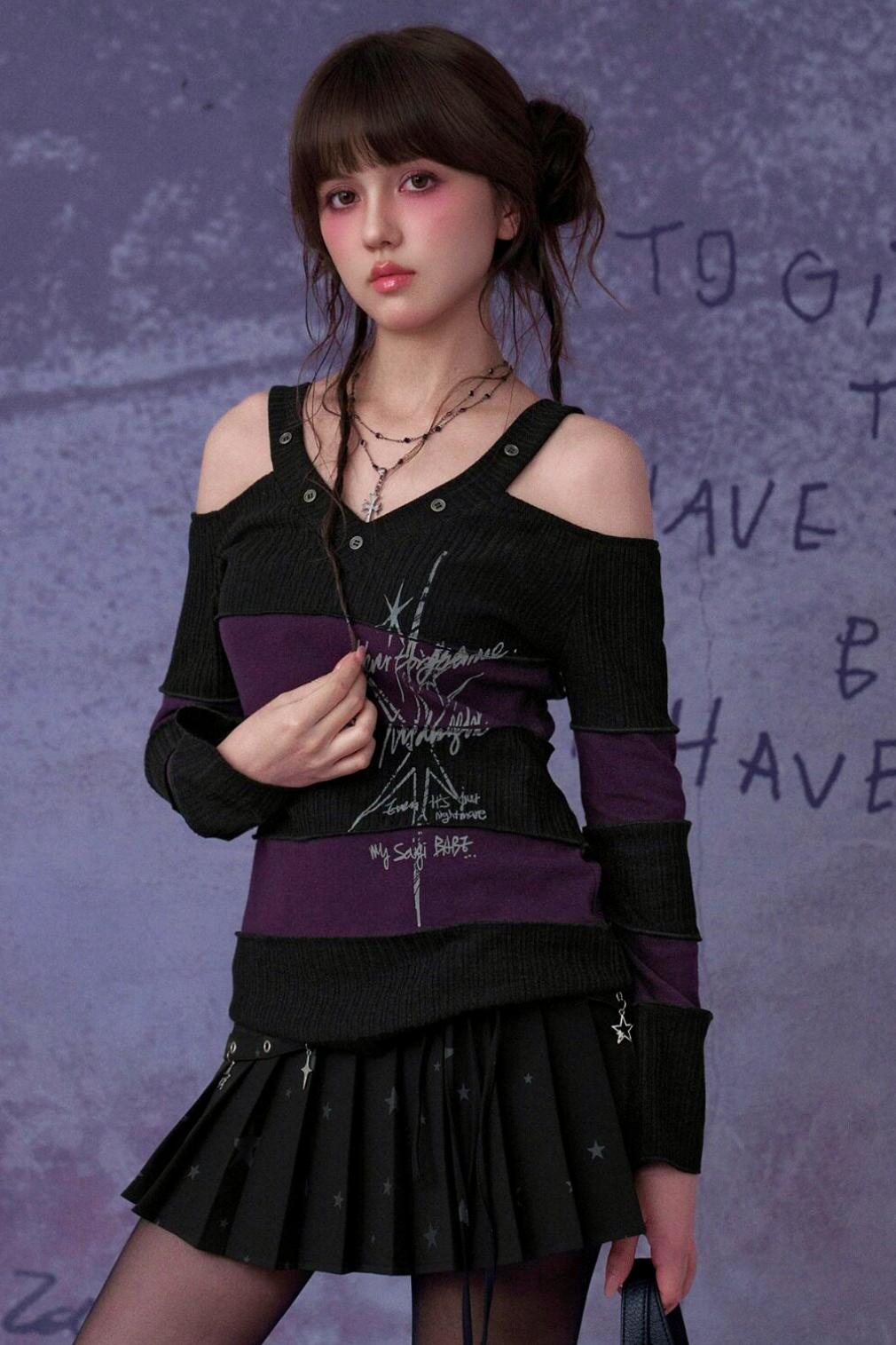 Black and Purple Off Shoulder Top