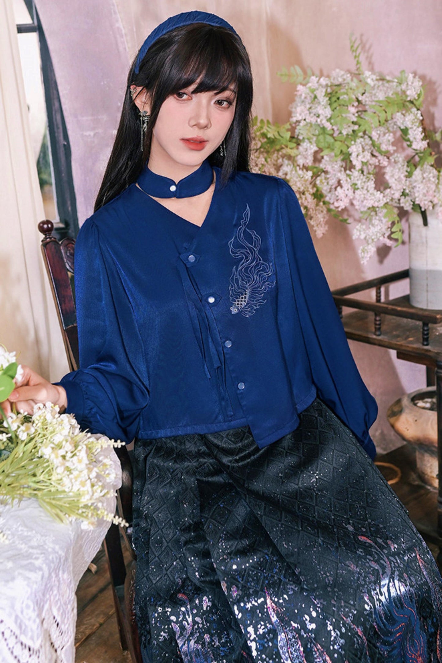 Embroidered Lantern Sleeve Blouse