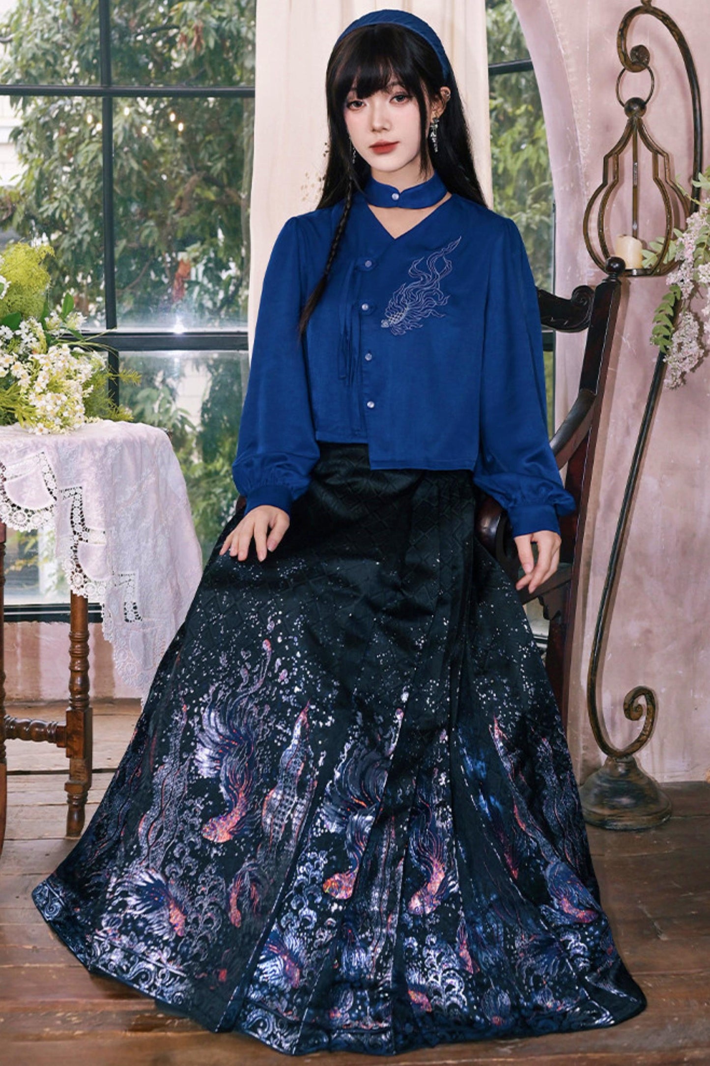 Embroidered Lantern Sleeve Blouse