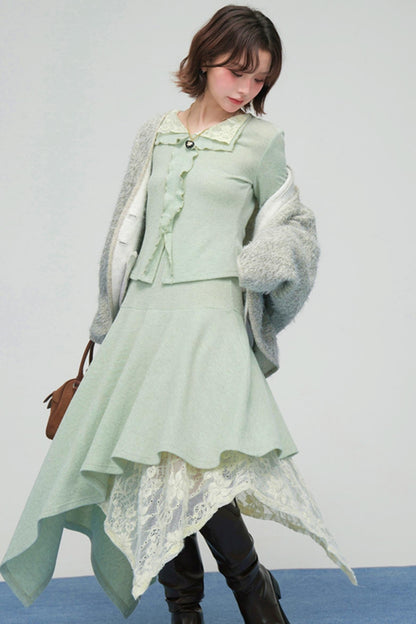 Lace Collar Knit Top + Asymmetrical Skirt