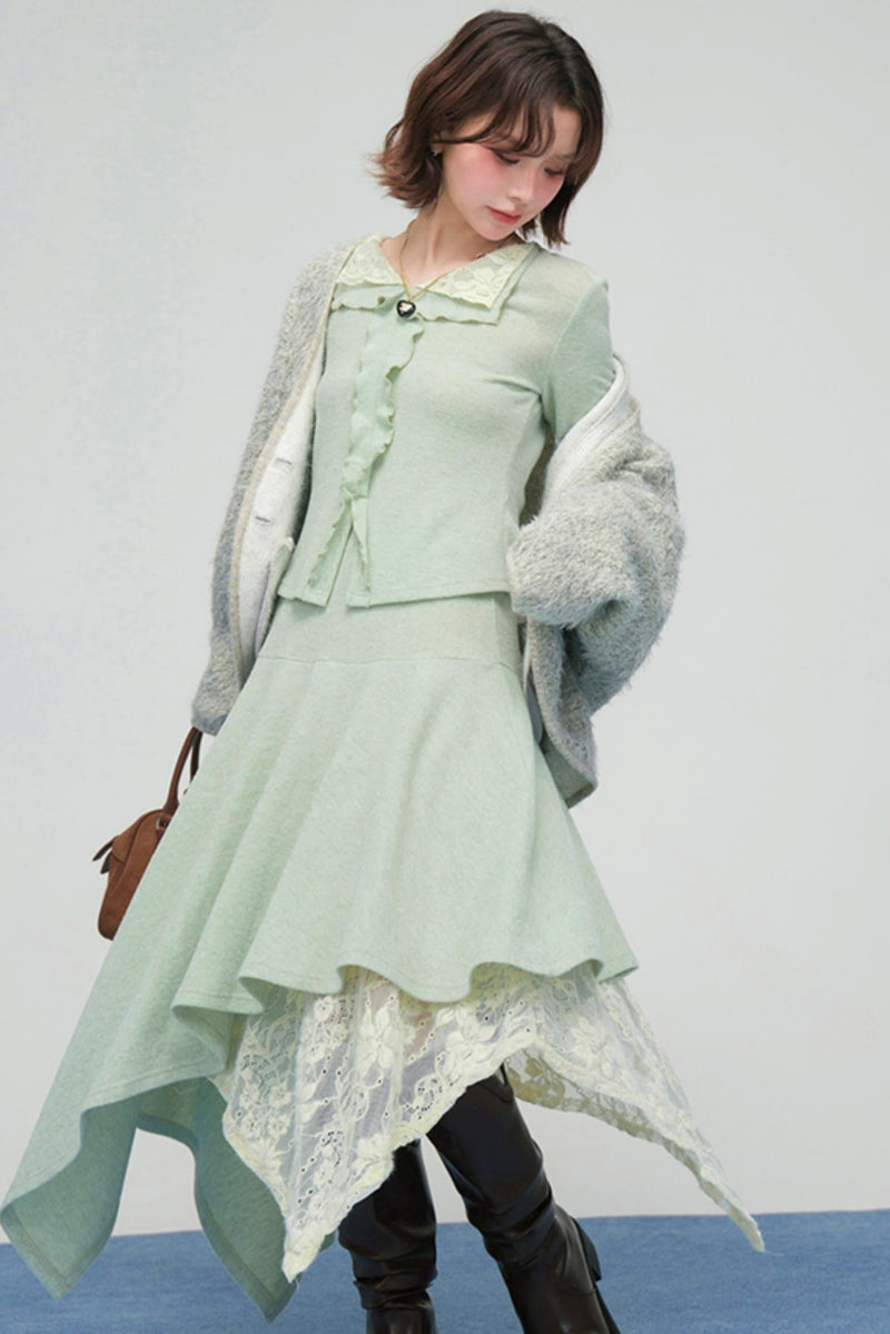 Lace Collar Knit Top + Asymmetrical Skirt