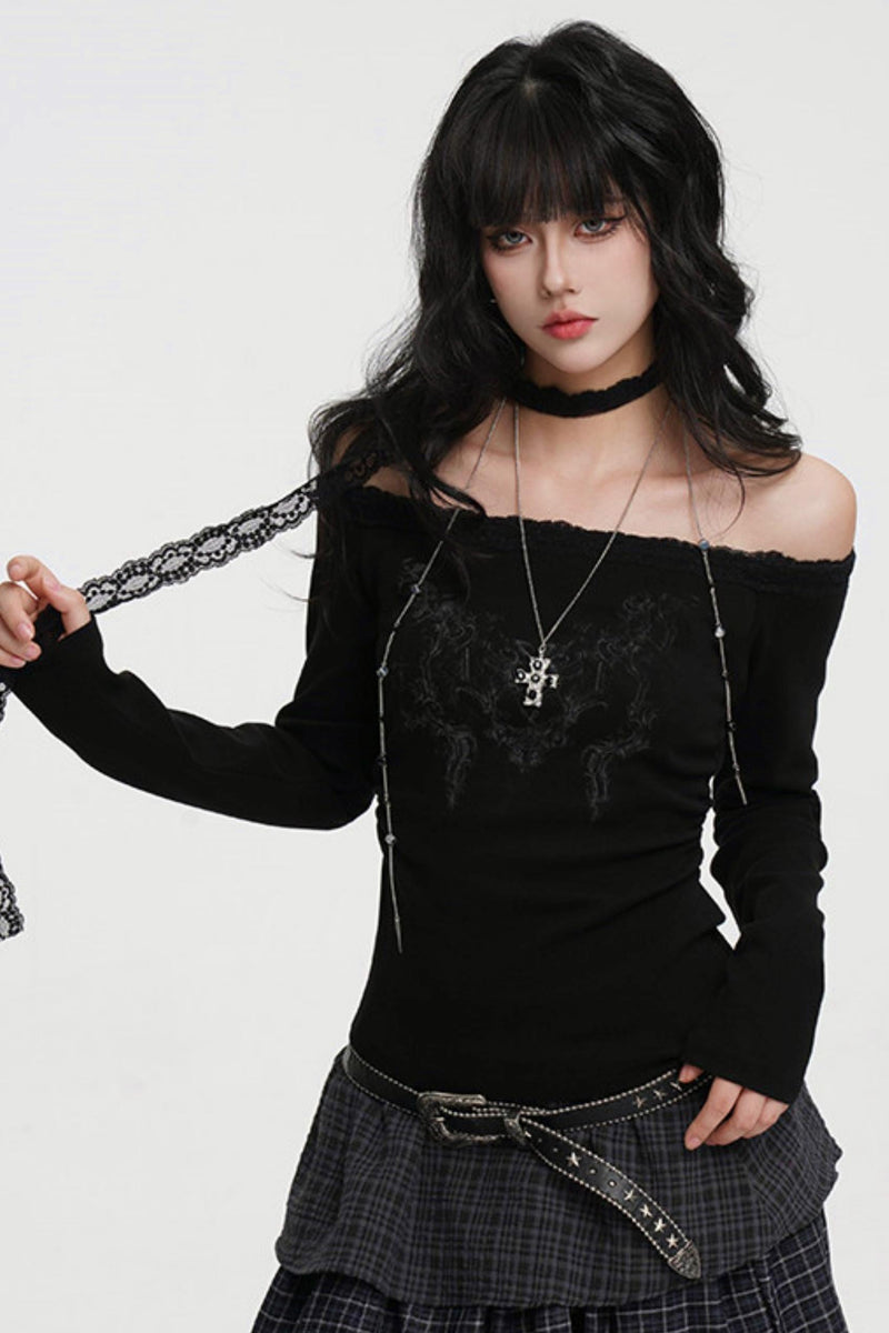 Dark Lace Off-shoulder Top (with Lace Long Scarf)