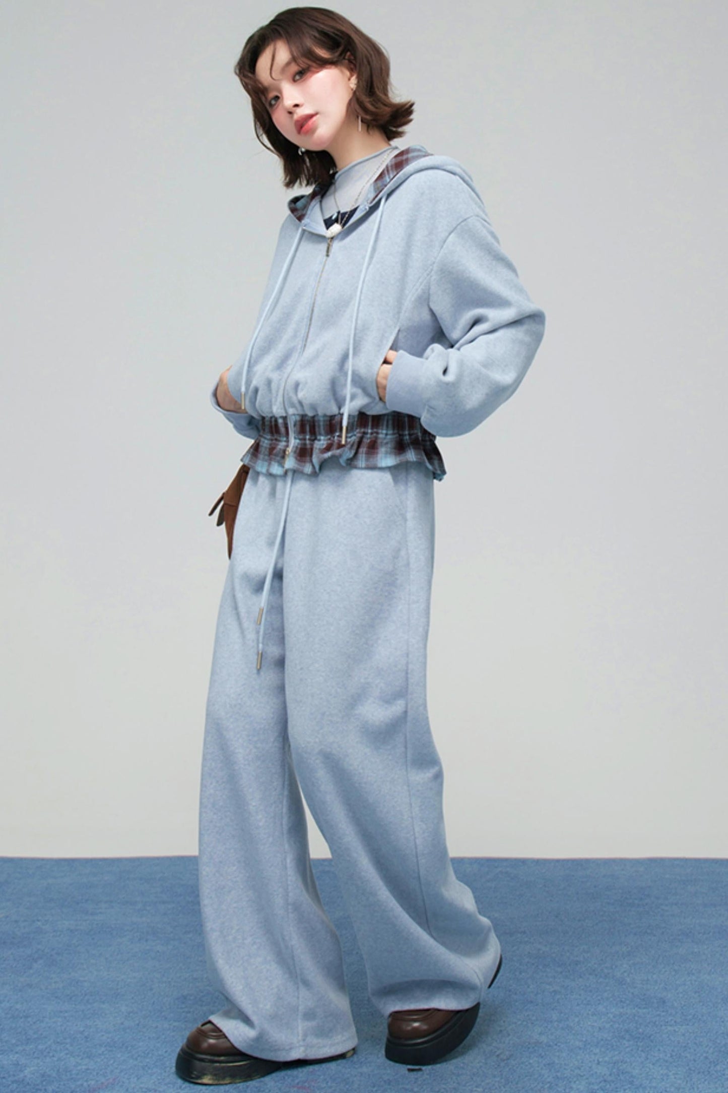 Check Hooded Hoodie + Loose Pants