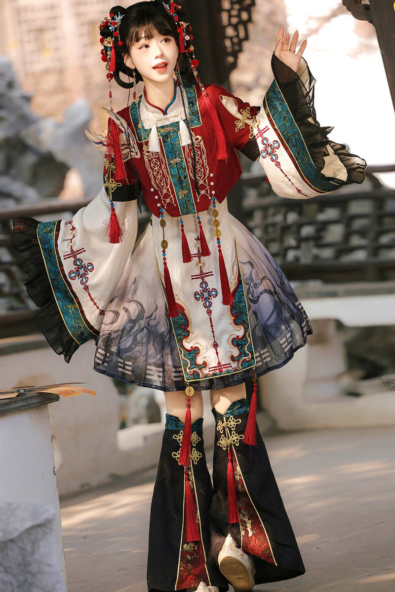 Cyber Chinese Fantasy Lolita Dress + Top + Outerwear + Skirt + Leg Warmers