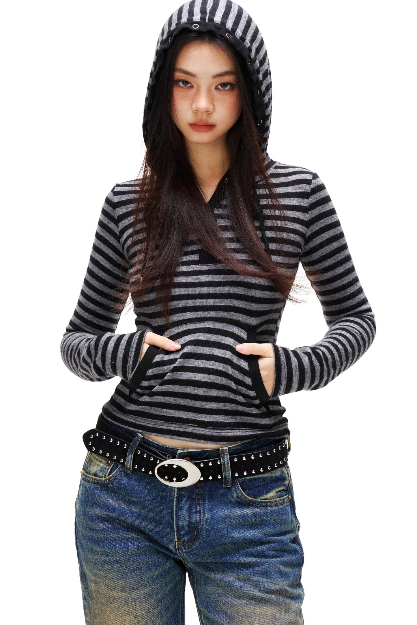 Striped Hooded Slim Top