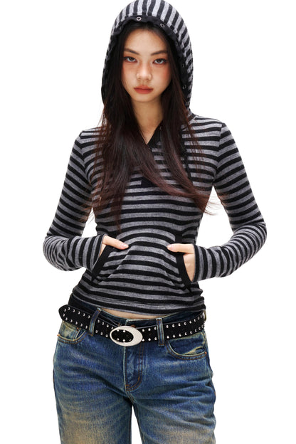 Striped Hooded Slim Top