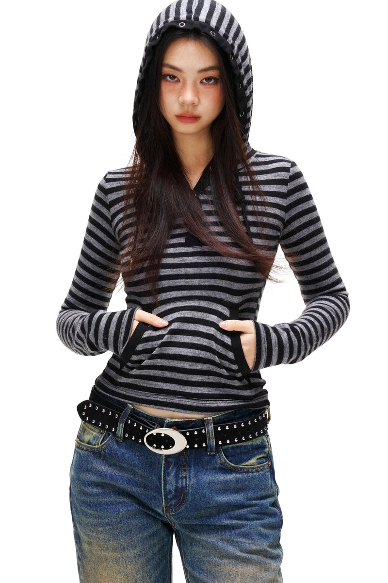 Striped Hooded Slim Top