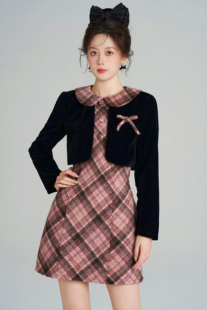 French Retro Plaid Doll Collar Dress