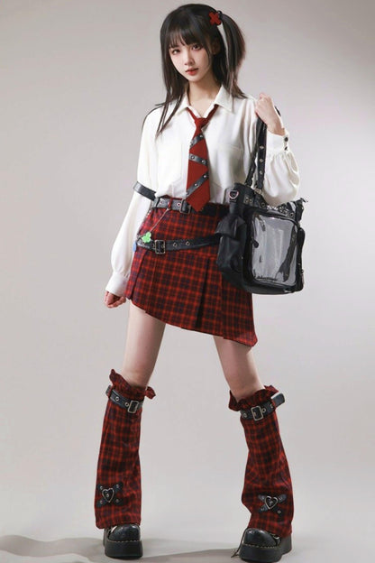 Diagonal Plaid Pleated Skirt + Leg Warmers