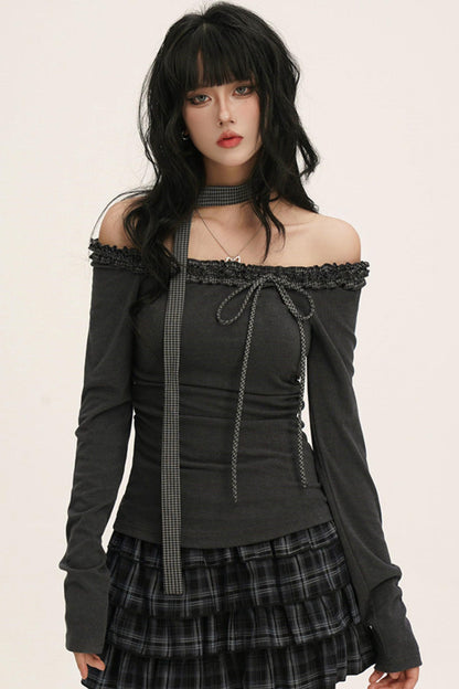 Off-shoulder Ruffle Ribbon Top (with Skinny Long Scarf)