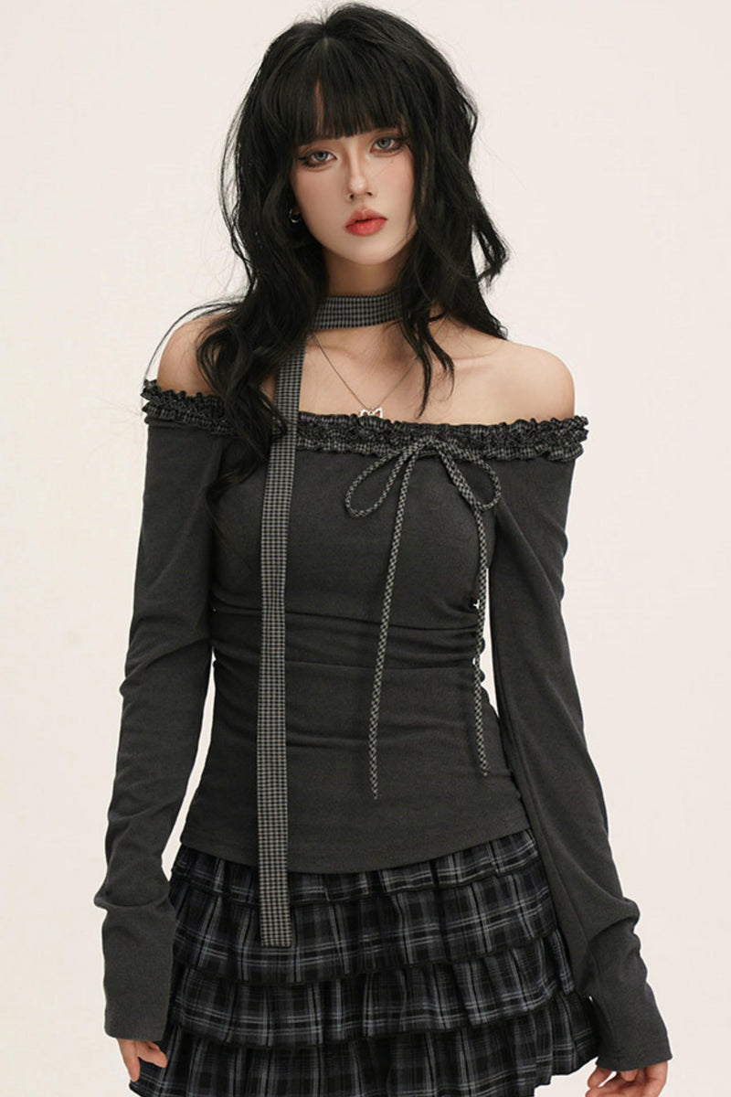 Off-shoulder Ruffle Ribbon Top (with Skinny Long Scarf)