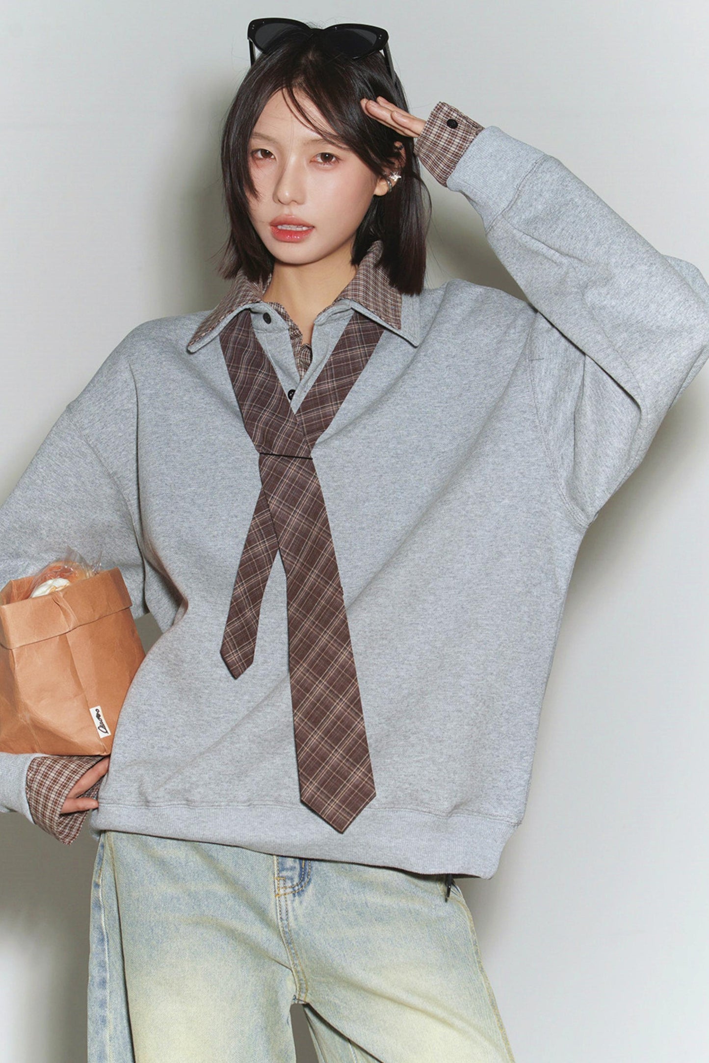 Plaid Patchwork Polo Sweatshirt