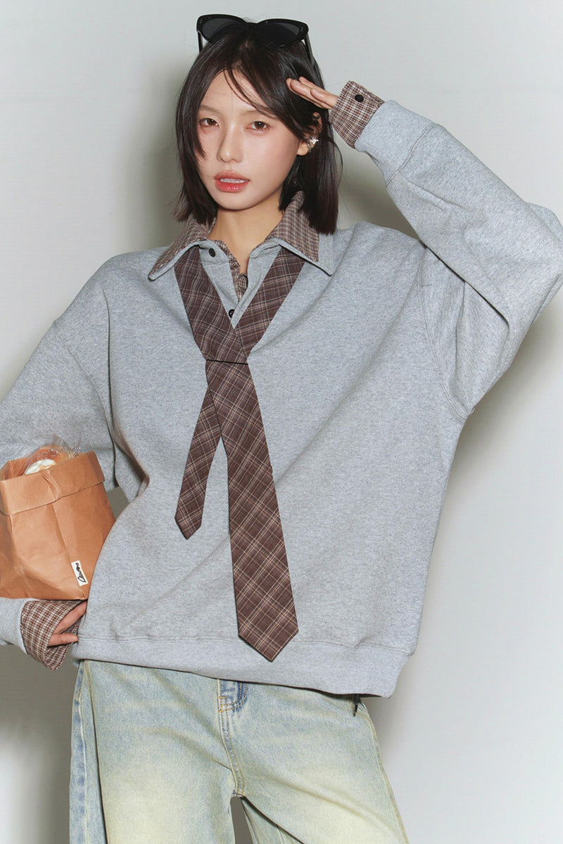 Plaid Patchwork Polo Sweatshirt